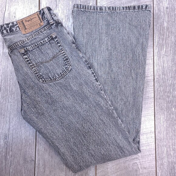 Pepe Womens Super Flare Jeans Size 32x32 Gray Acid Wash Mid Rise Denim Pants - Picture 1 of 9